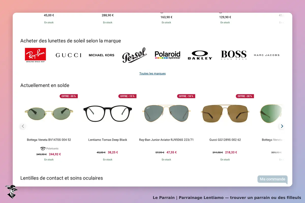 Lentiamo : page d'accueil présentant des lunettes de soleil et marques disponibles