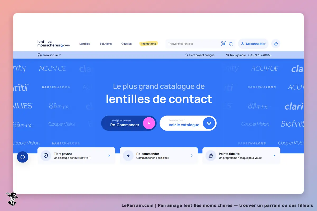 lentilles moins cheres : lentillesmoinscheres.com : page d'accueil présentant un catalogue de