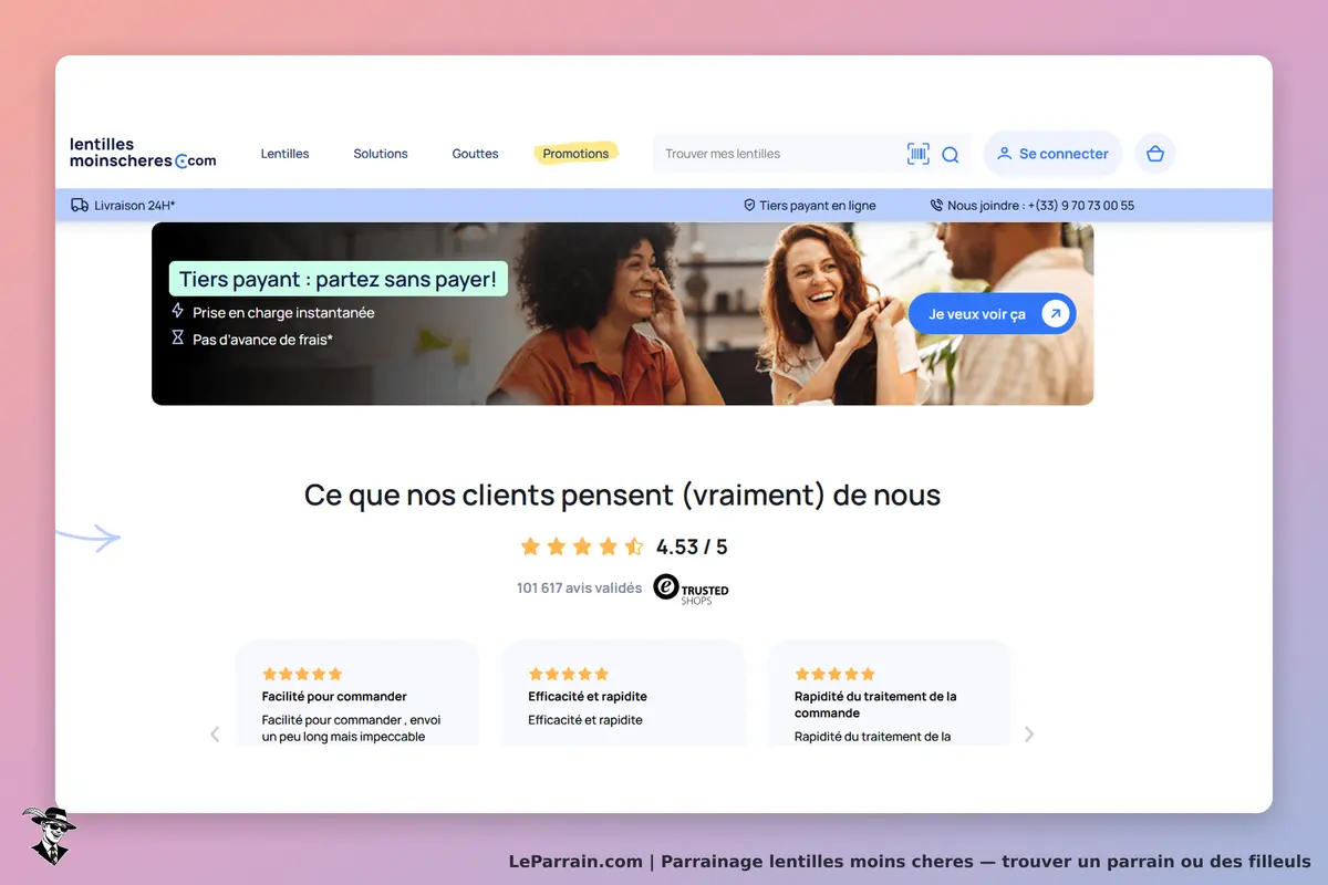 lentilles moins cheres : lentillesmoinscheres.com : page d'accueil avec avis clients et images de