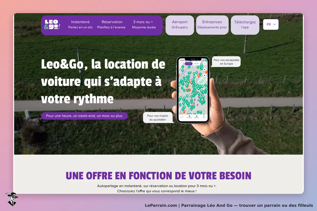Léo And Go : page d'accueil avec un smartphone affichant une carte de location de voitures