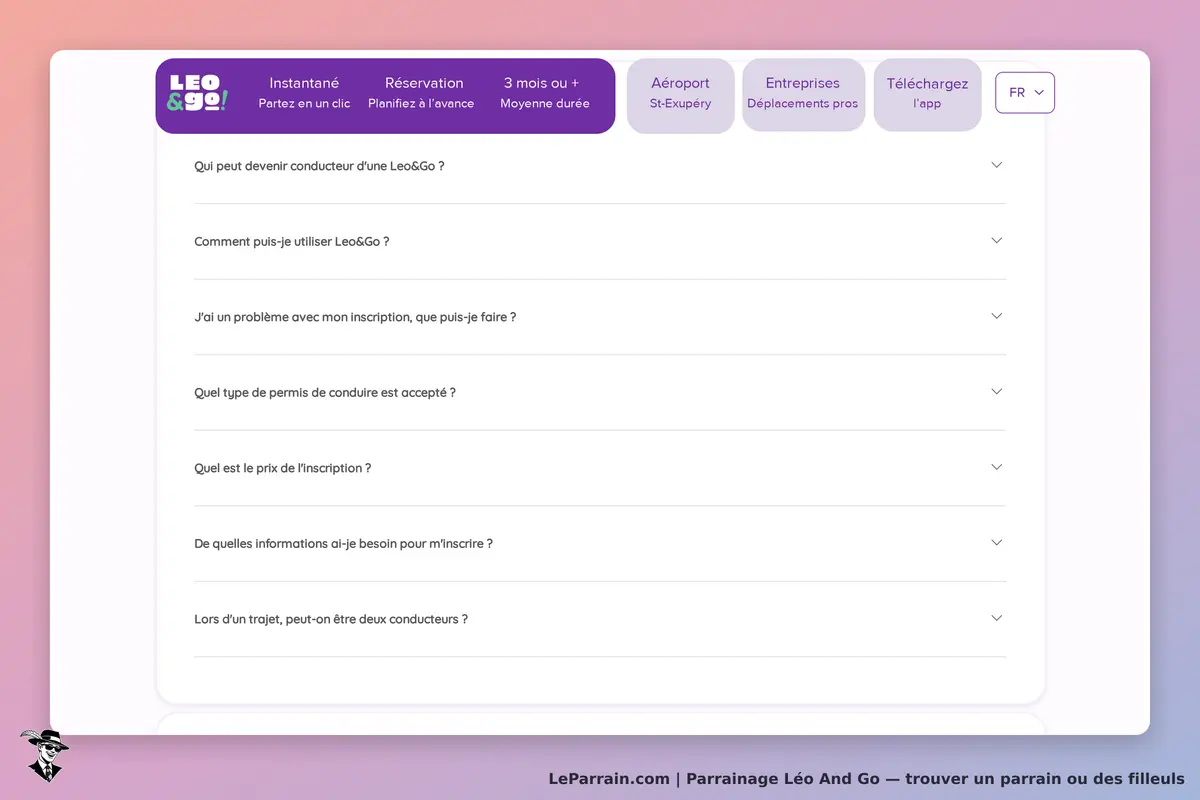Léo And Go : section FAQ avec plusieurs questions sur l'inscription et l'utilisation du service