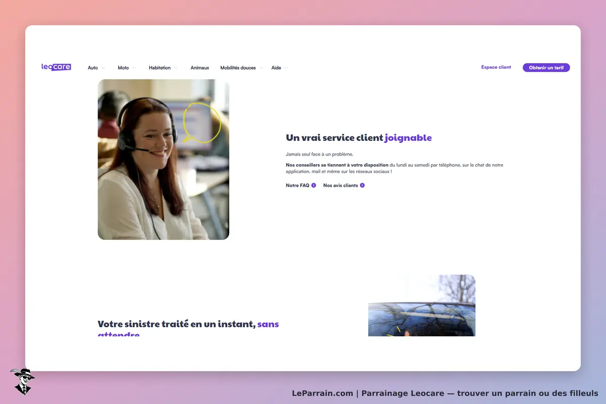 Leocare : page d'accueil avec une conseillère au téléphone et des informations sur le service