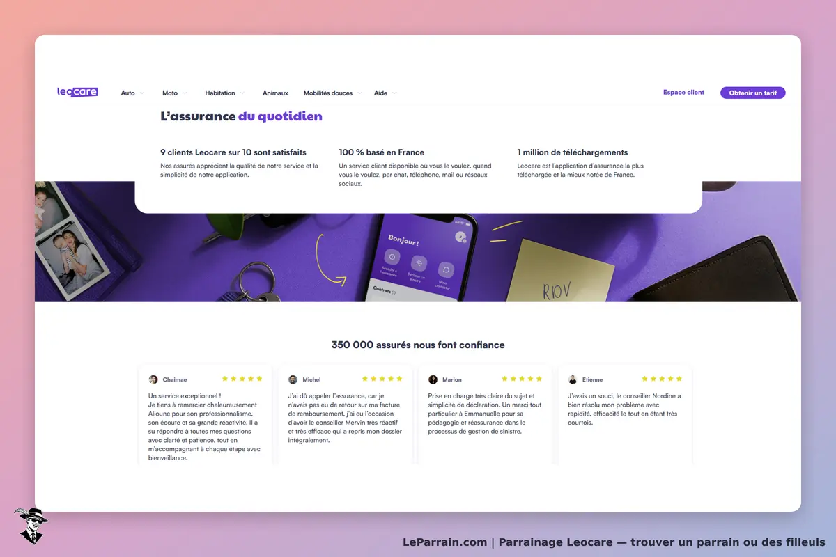 Leocare : page d'accueil présentant des avis clients et une application mobile sur fond coloré