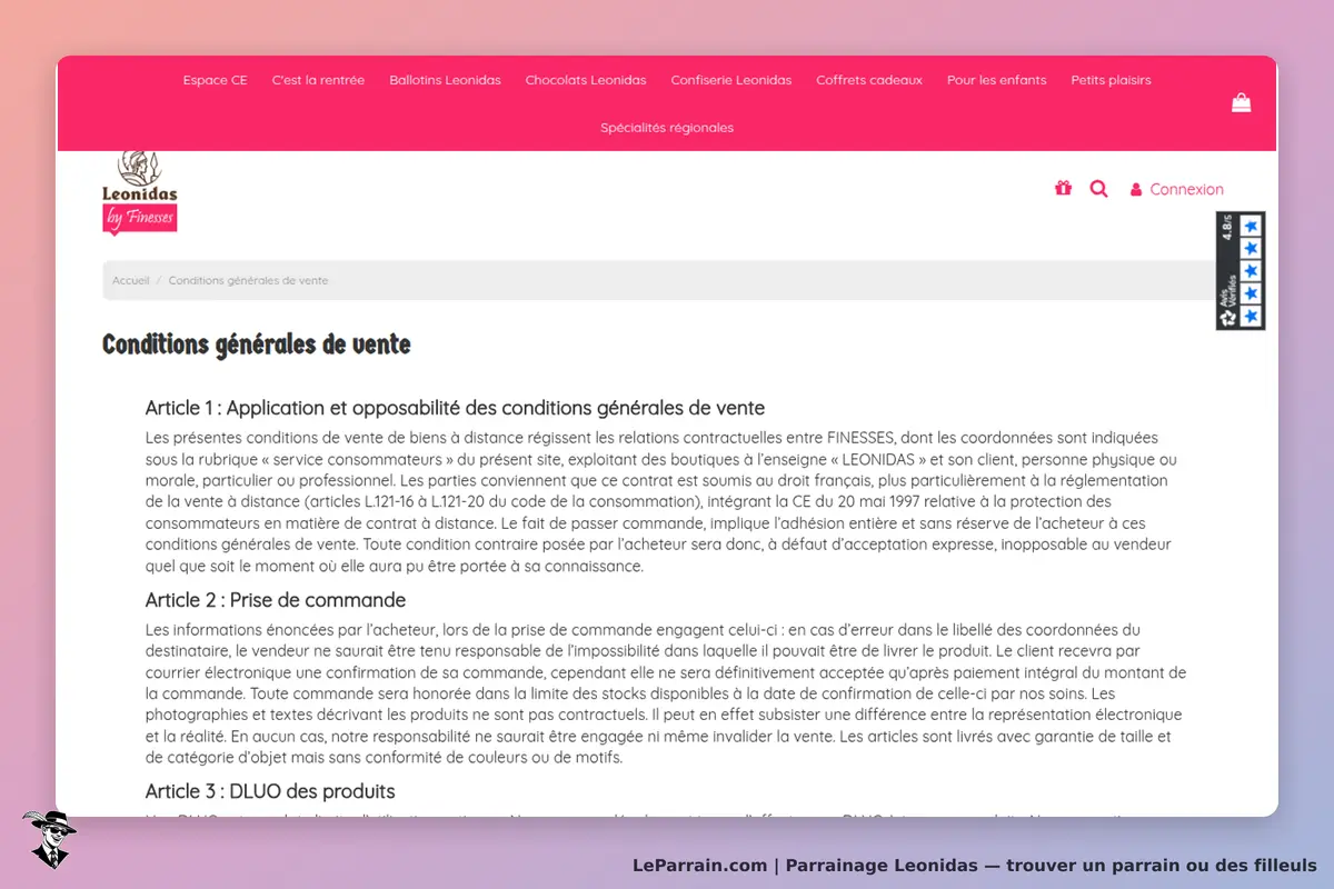 Leonidas : conditions générales de vente affichées sur la page d'accueil du site