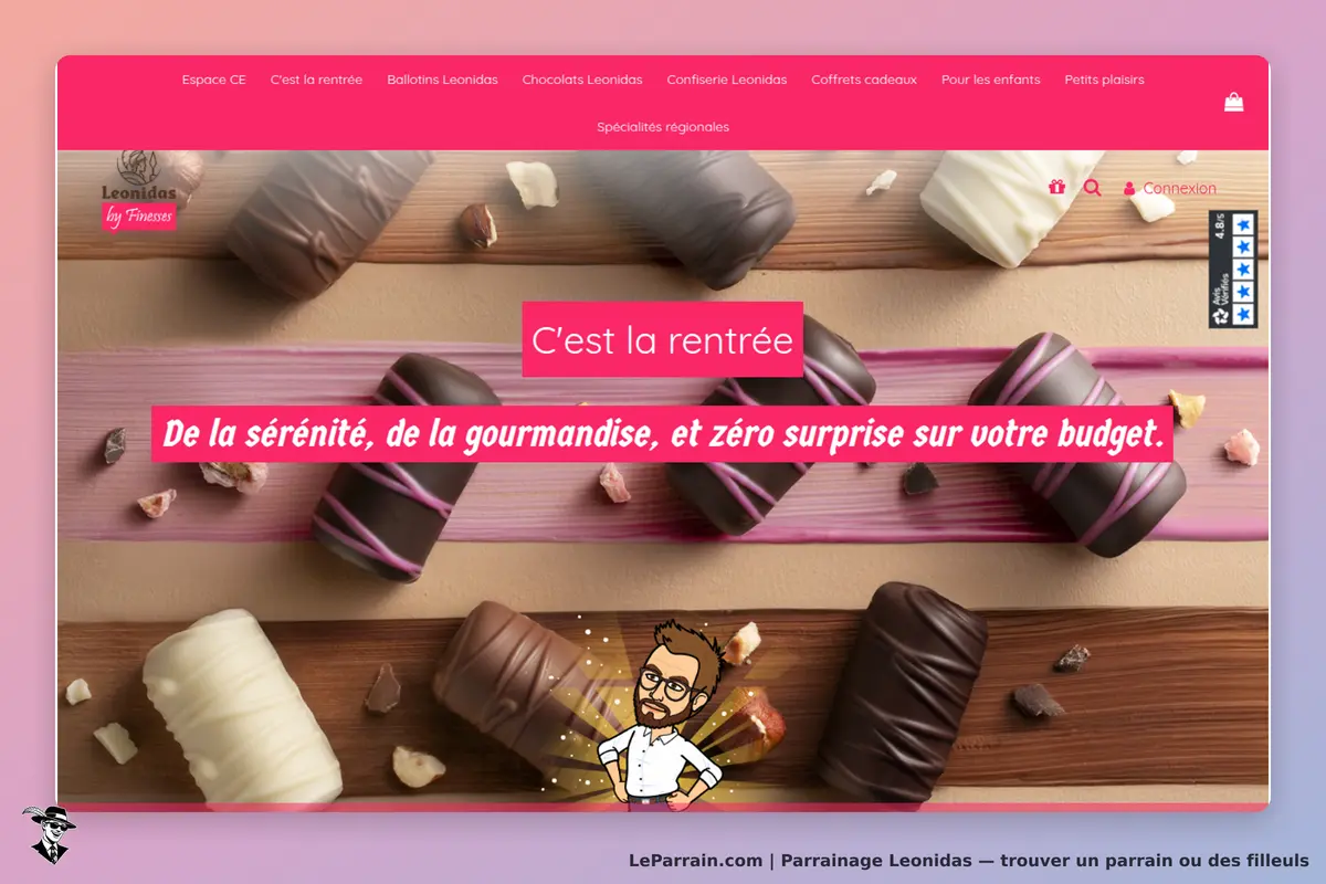 Leonidas : page d'accueil avec chocolats sur un fond en bois et texte promotionnel central