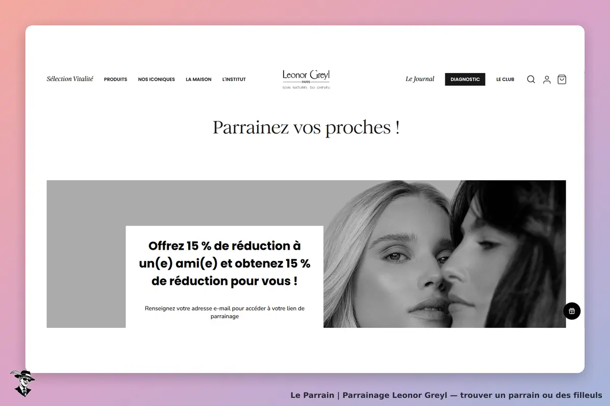 Leonor Greyl : page d'accueil avec message sur le parrainage et deux visages féminins