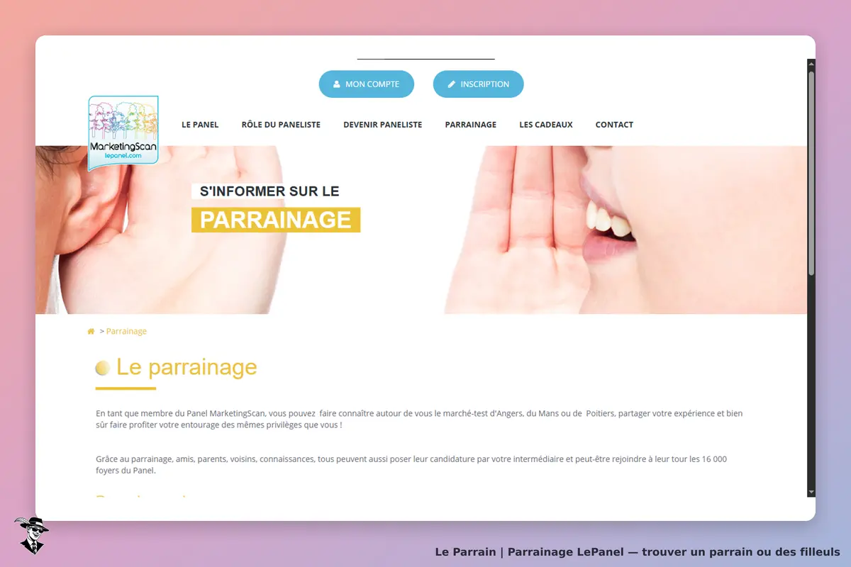 LePanel : page d'accueil présentant le parrainage avec des visages chuchotant