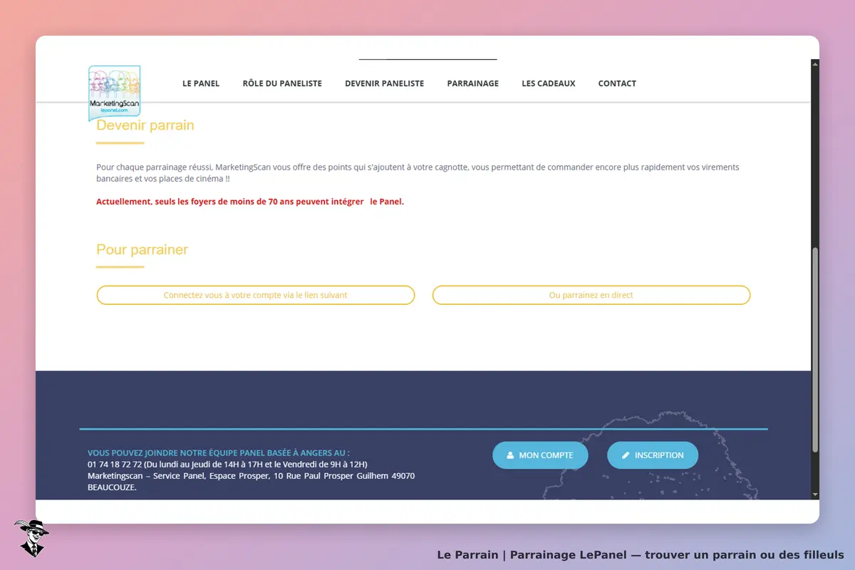 LePanel : page d'accueil avec informations sur le parrainage et liens vers les comptes