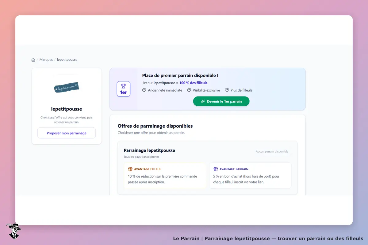lepetitpousse : page d'accueil avec options de parrainage et place de premier parrain disponible