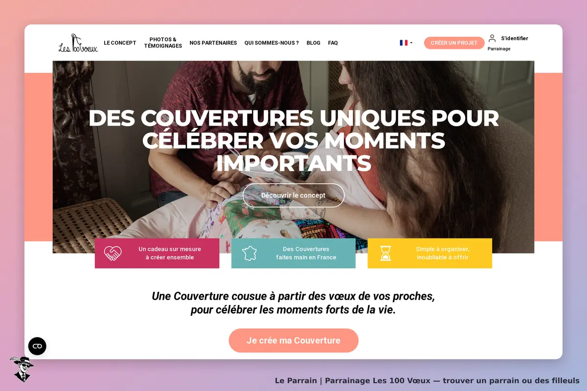 Les 100 Vœux : page d'accueil présentant des couvertures personnalisées et un formulaire