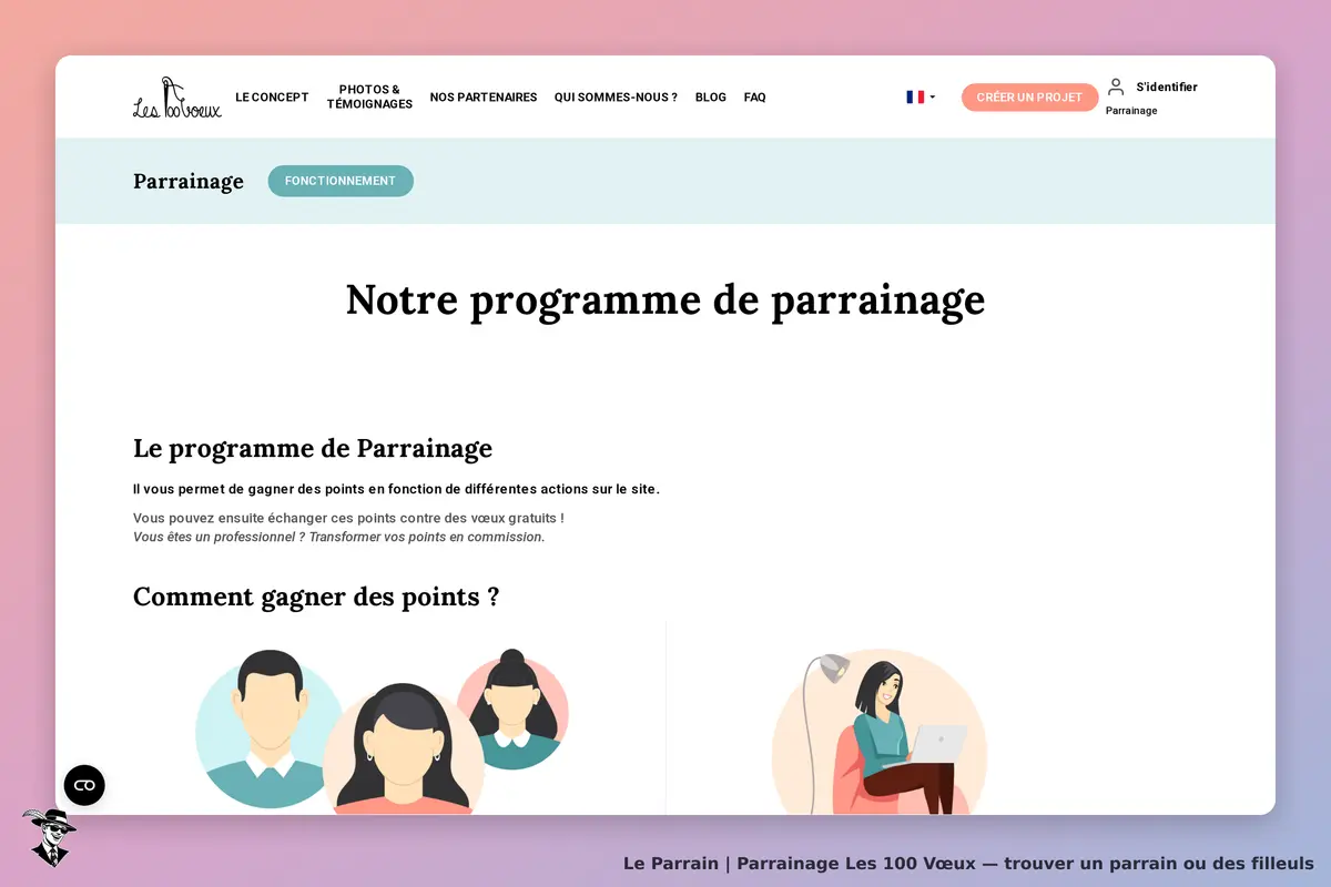 Les 100 Vœux : présentation du programme de parrainage avec illustrations et explication du