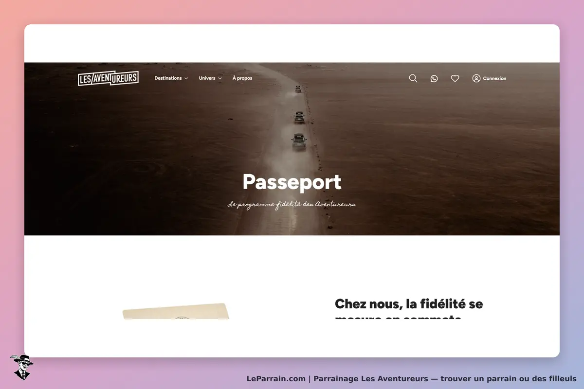 Les Aventureurs : page d'accueil avec le titre "Passeport" et une image de véhicules sur une route