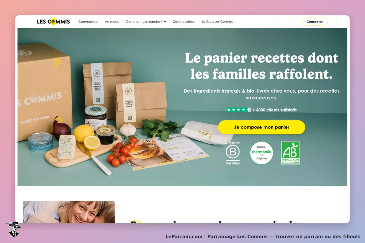 LES COMMIS : vue d'ensemble de la page d'accueil avec produits et ingrédients sur une table