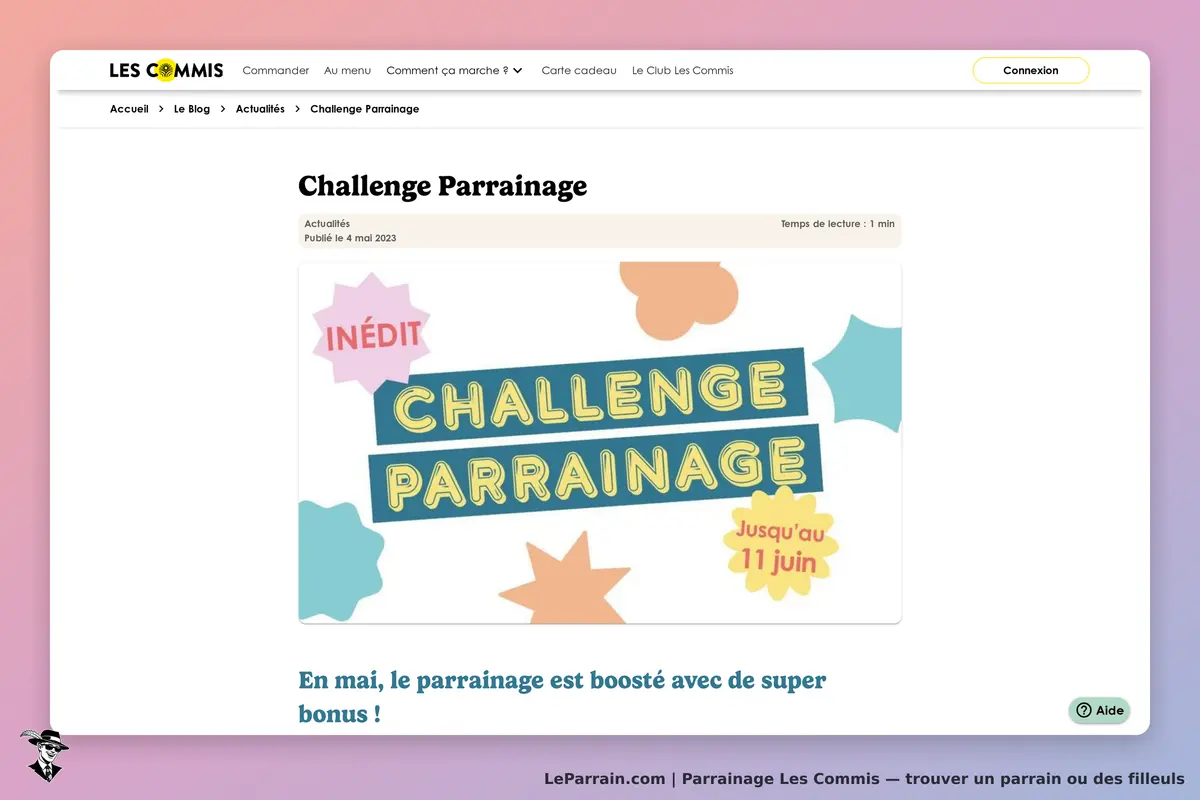 Les Commis : page sur le challenge de parrainage avec un visuel coloré et des informations