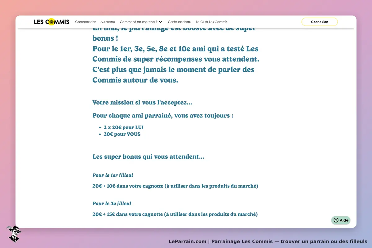 Les Commis : section de parrainage avec détails des récompenses pour amis parrainés