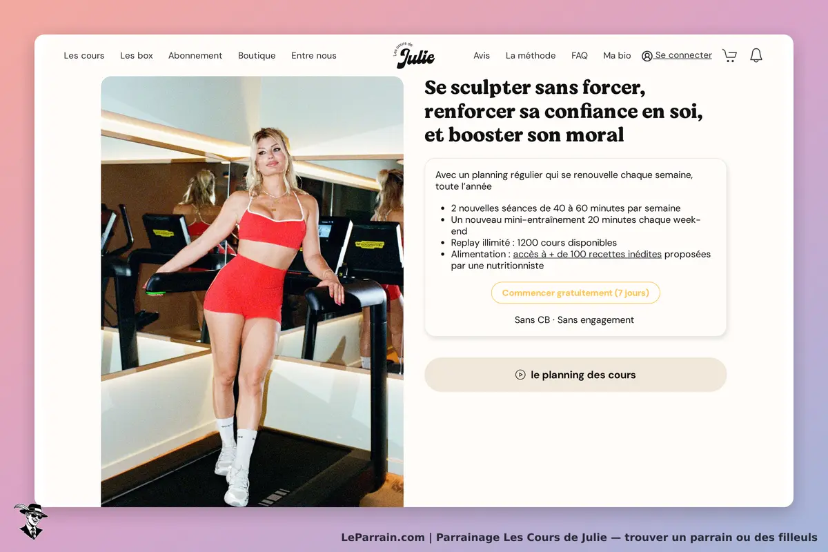 Les Cours de Julie : page d'accueil avec femme en tenue de sport sur un tapis de course
