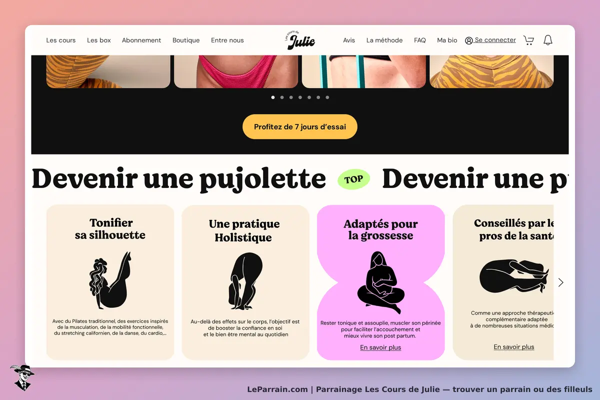 Les Cours de Julie : page d'accueil avec sections sur le Pilates et le bien-être