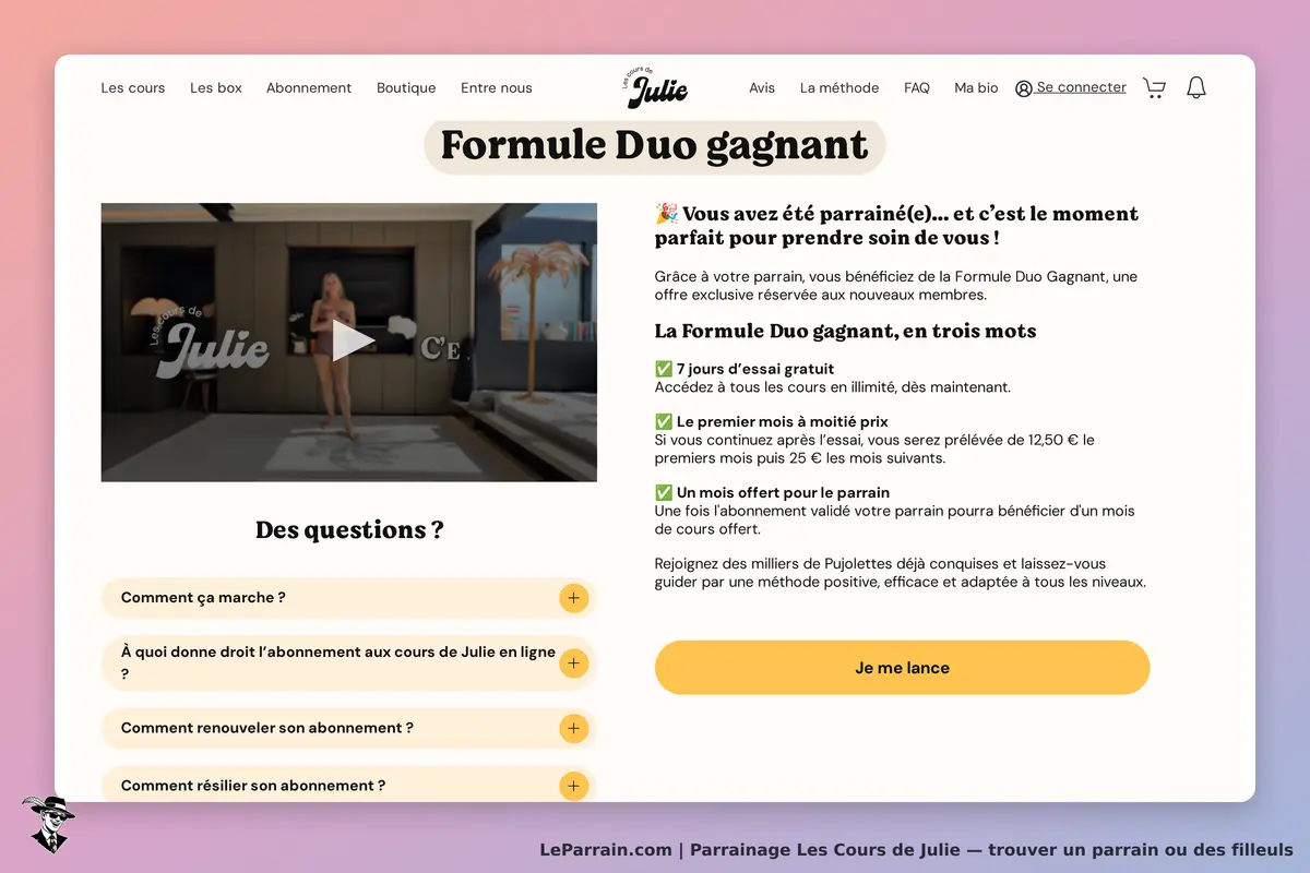 Les Cours de Julie : page d'accueil présentant la formule Duo gagnant et des questions fréquentes