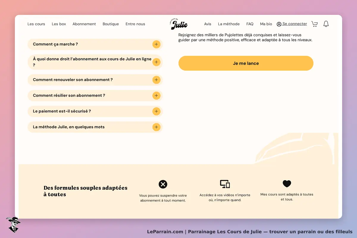 Les Cours de Julie : section FAQ avec questions sur l'abonnement et bouton "Je me lance"