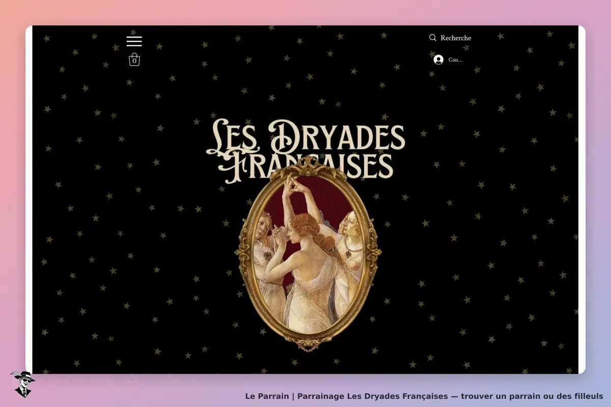 Les Dryades Françaises : logo sur fond noir étoilé avec une illustration de femmes dans un cadre