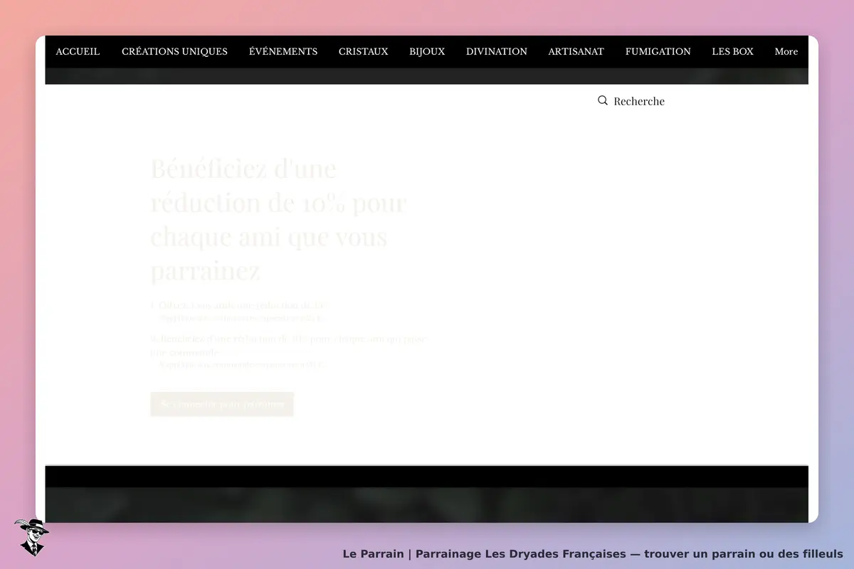 Les Dryades Françaises : page d'accueil avec un message sur une réduction pour parrainage