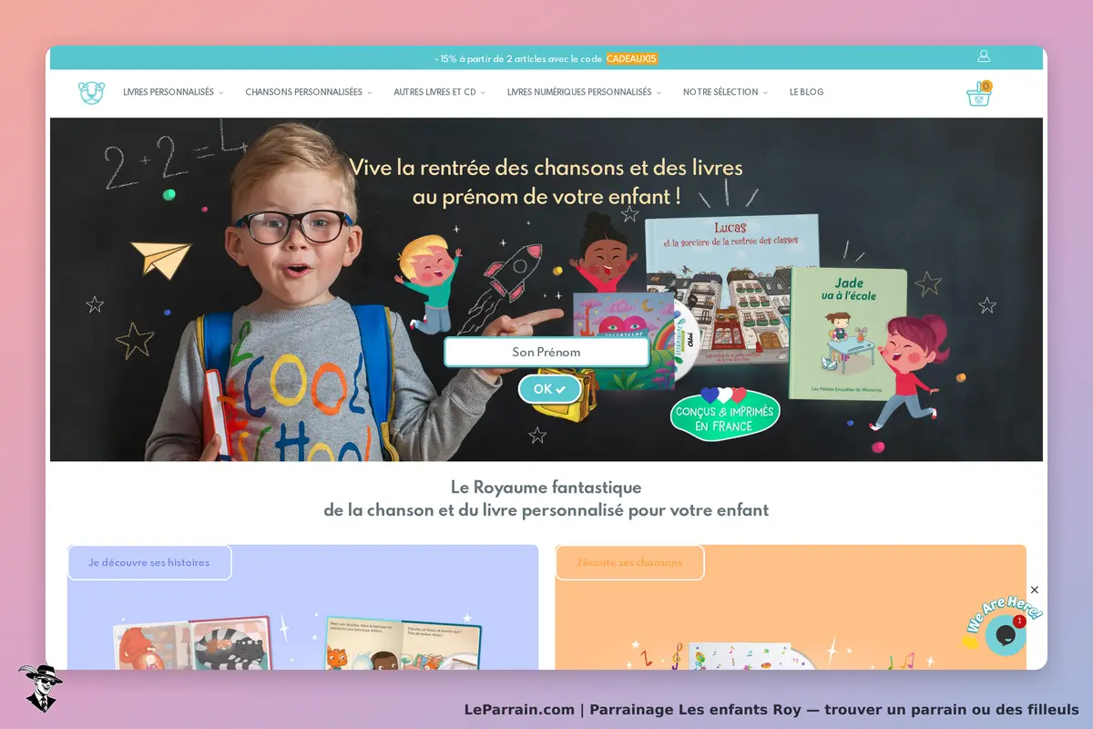 Les enfants Roy : page d'accueil avec un enfant et des livres personnalisés en arrière-plan