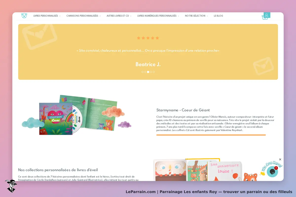 Les enfants Roy : page d'accueil avec livres personnalisés et témoignage client en surimpression