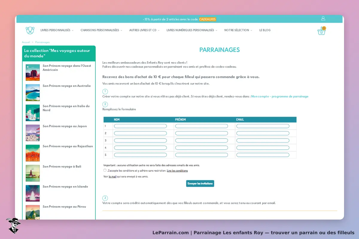 Les enfants Roy : page de parrainage avec formulaire pour inviter des amis et informations