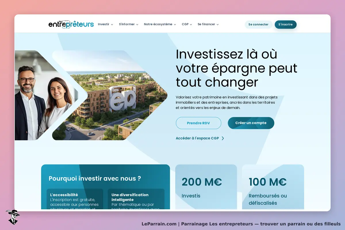Les entrepreteurs : page d'accueil avec image de projet immobilier et texte d'invitation à investir