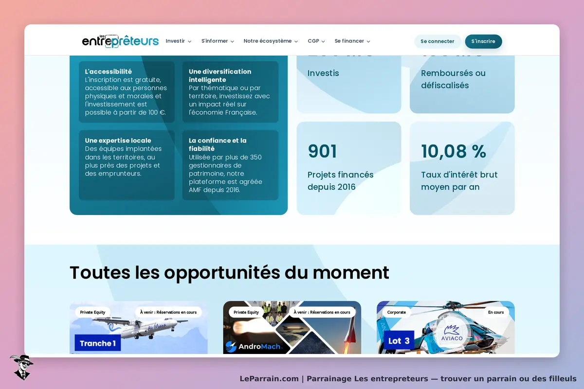 Les entrepreteurs : page d'accueil avec informations sur l'investissement et projets en cours