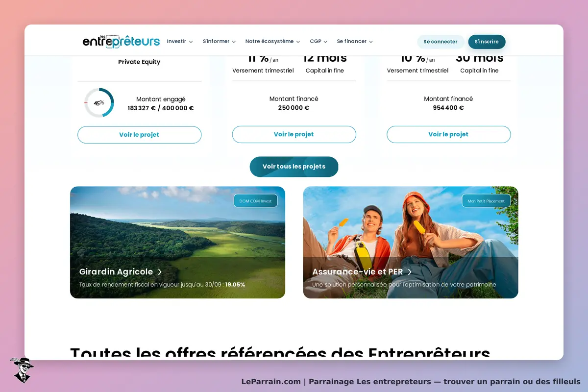 Les entrepreteurs : page d'accueil avec projets et informations sur l'investissement