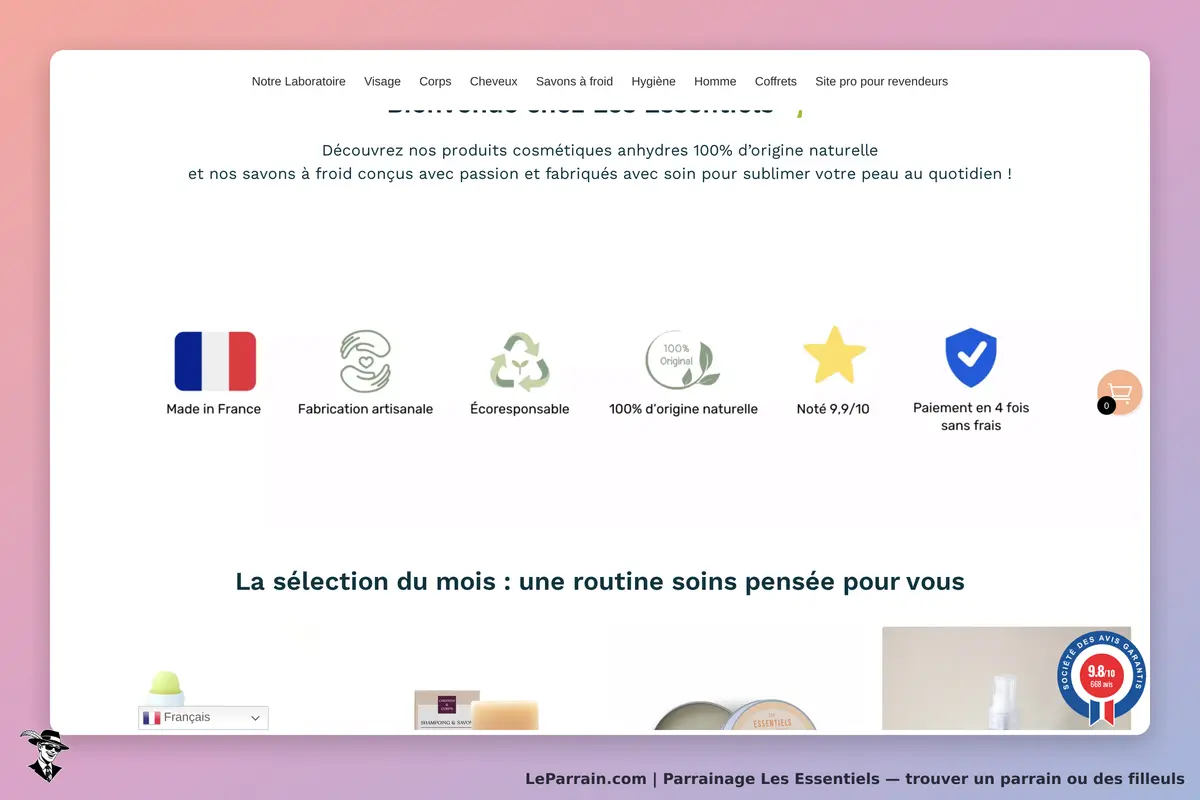Les Essentiels : page d'accueil avec logos et sélection de produits cosmétiques naturels