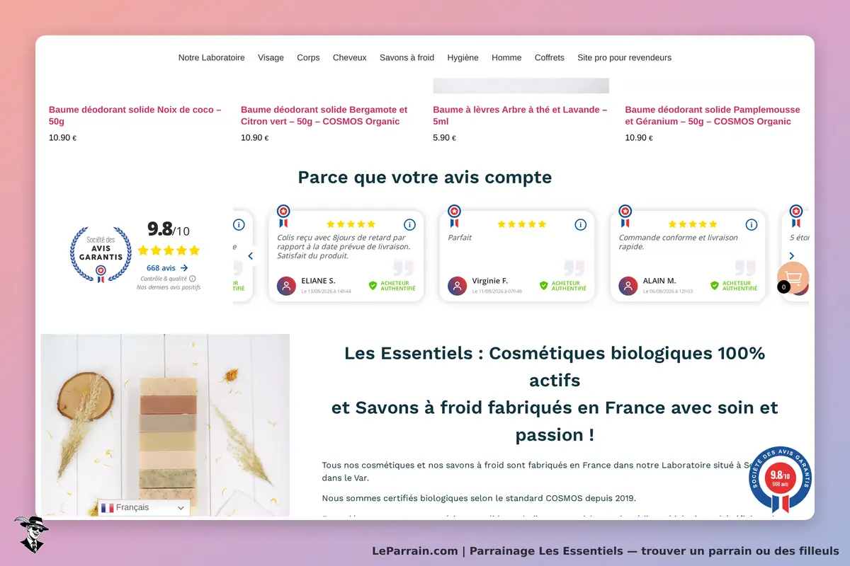 Les Essentiels : page d'accueil présentant divers produits cosmétiques et avis clients