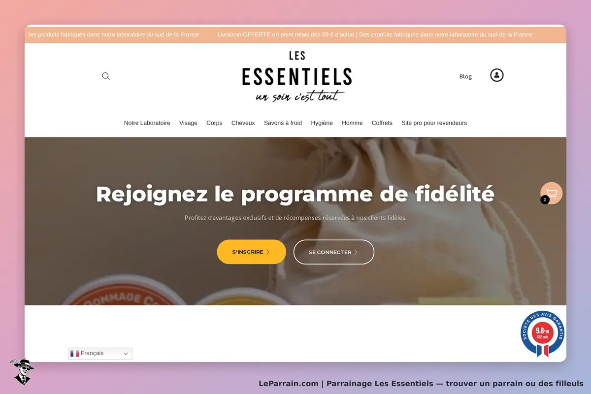 Les Essentiels : page d'accueil avec programme de fidélité et options d'inscription et connexion