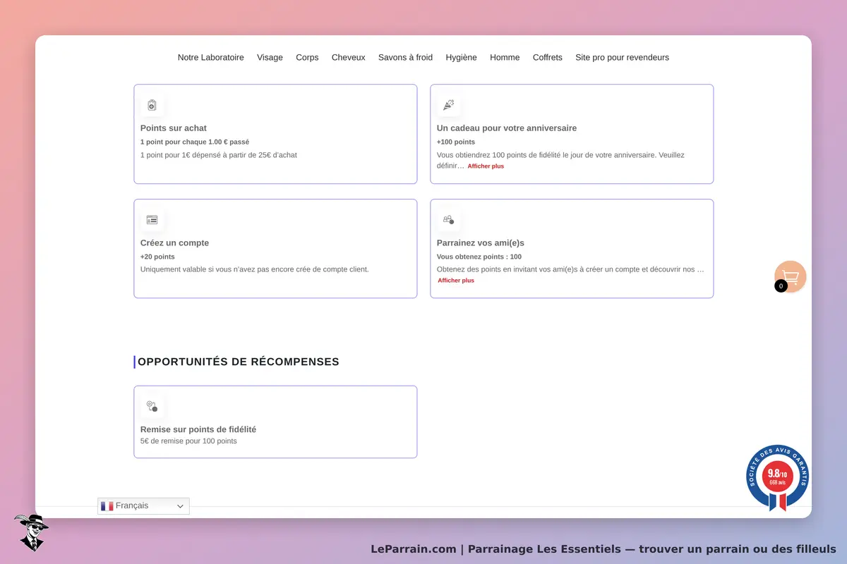 Les Essentiels : section des opportunités de récompenses avec divers programmes de fidélité