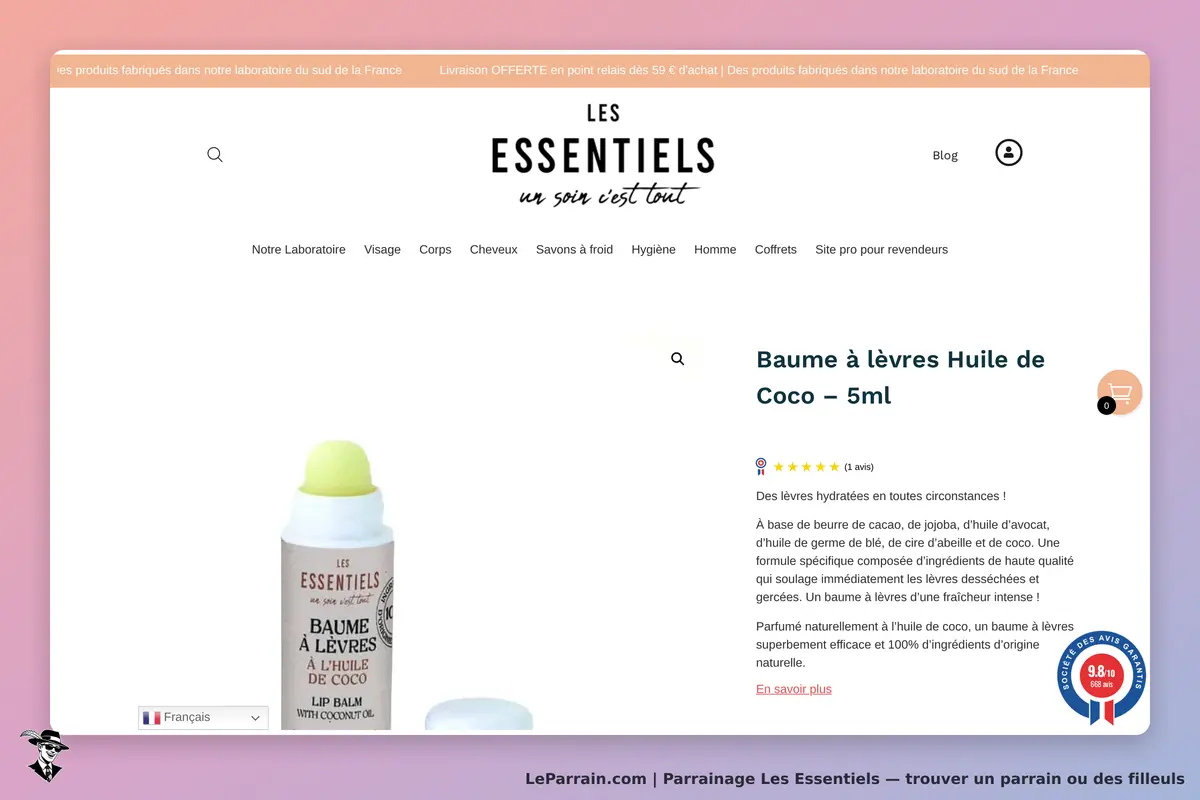 Les Essentiels : page produit présentant un baume à lèvres à l'huile de coco de 5 ml