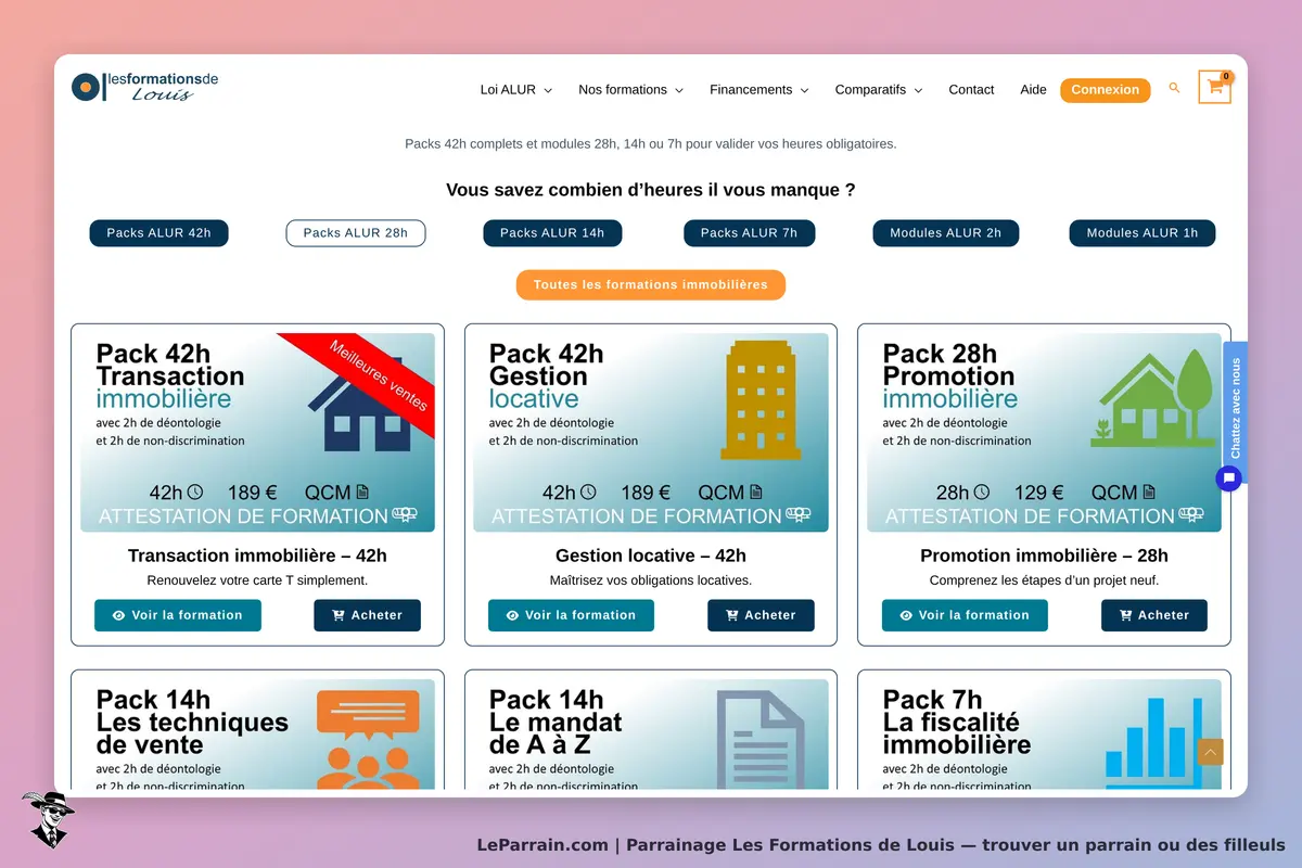 Page d'accueil des formations immobilières avec différents packs de cours et tarifs.