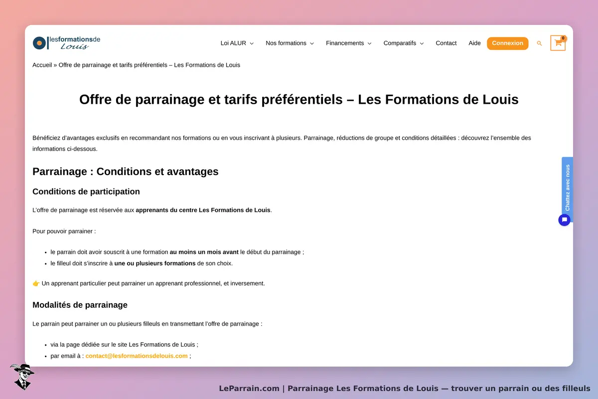 Offre de parrainage et tarifs préférentiels des Formations de Louis, informations essentielles.