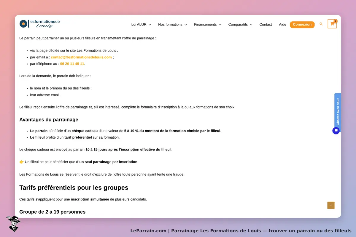 Informations sur le parrainage et avantages des formations de Louis.