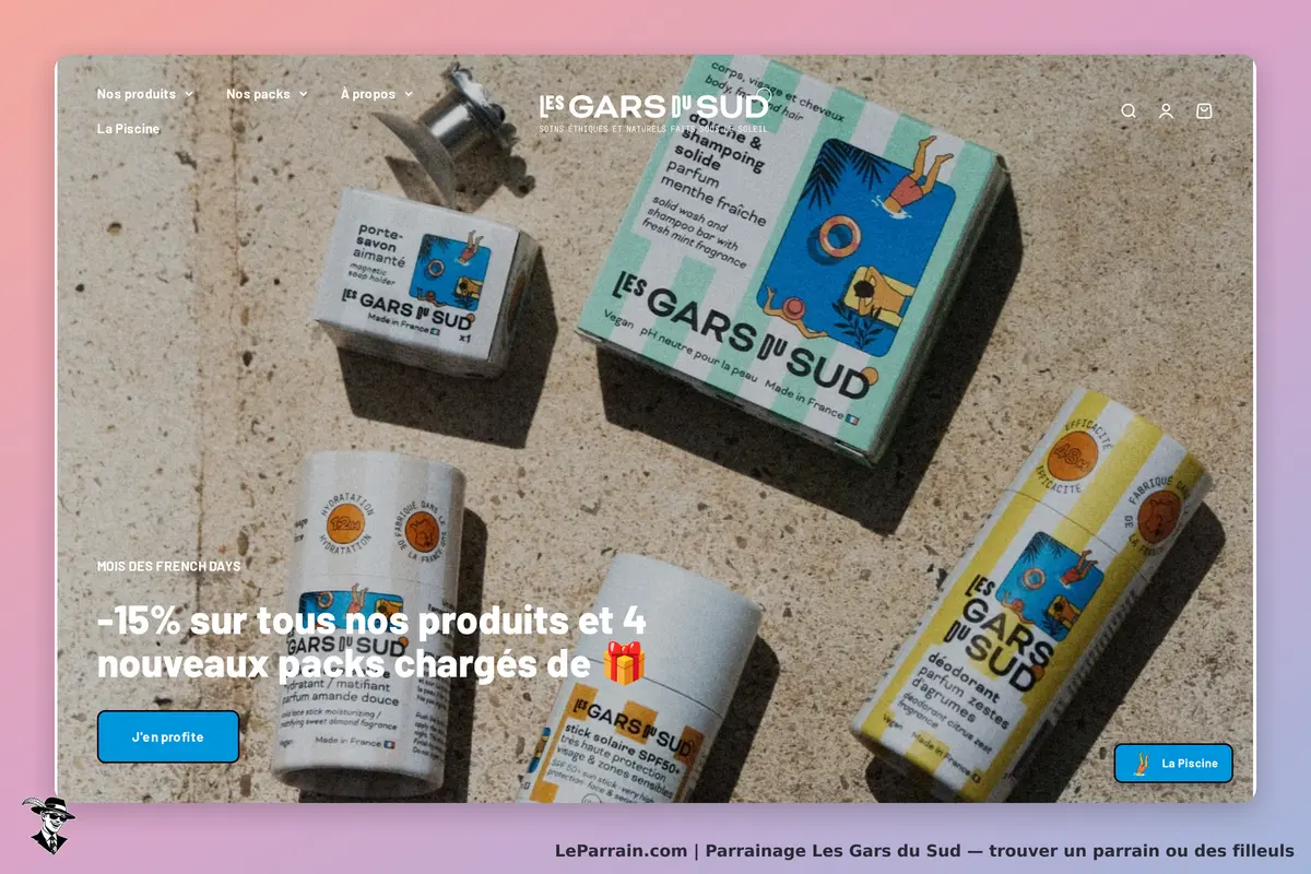 Les Gars du Sud : produits cosmétiques variés sur une surface claire, avec des designs colorés