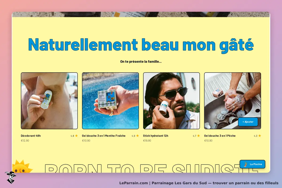 Les Gars du Sud : page d'accueil avec produits cosmétiques et images de présentation