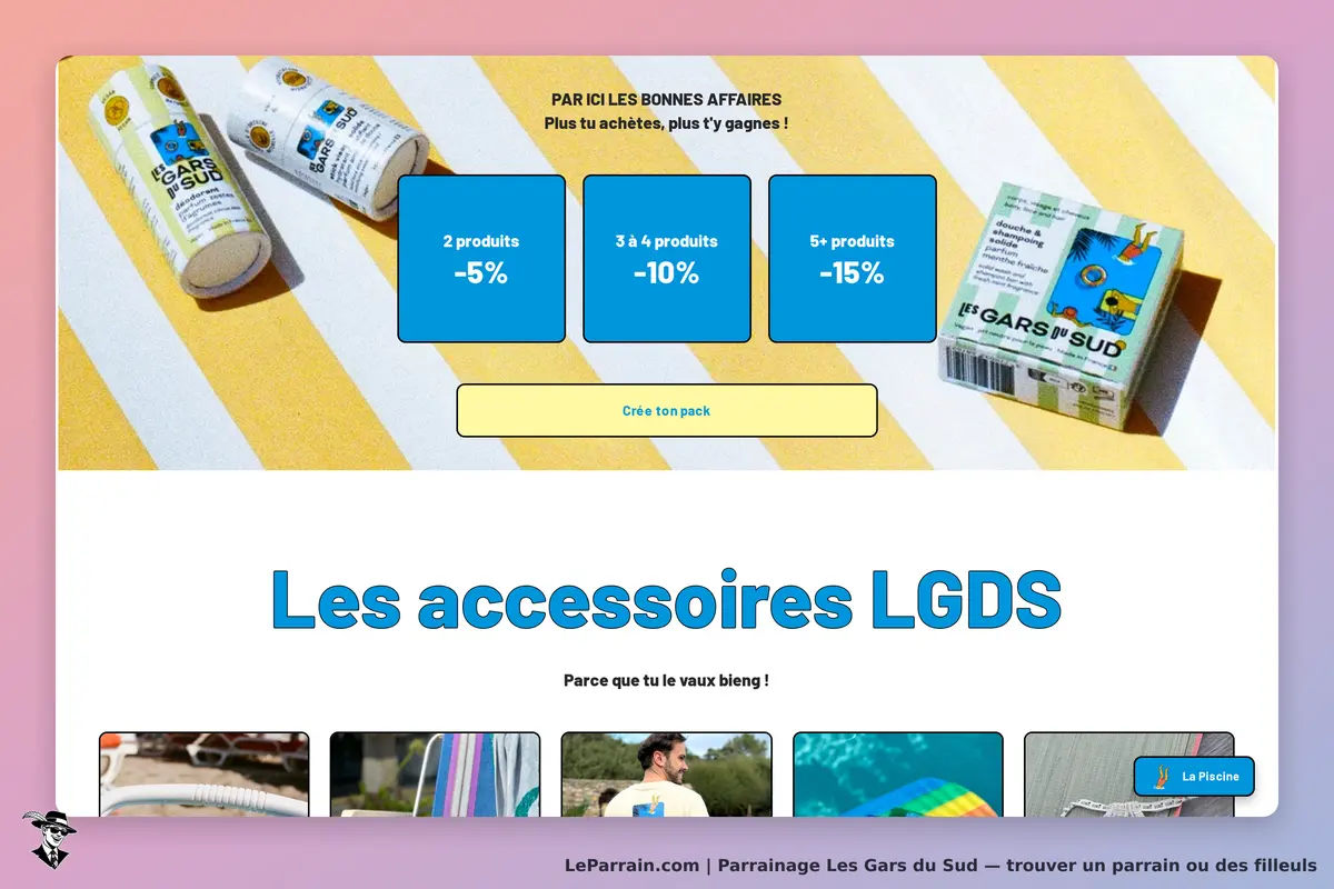 Les Gars du Sud : produits et promotions sur fond rayé, avec options de création de pack
