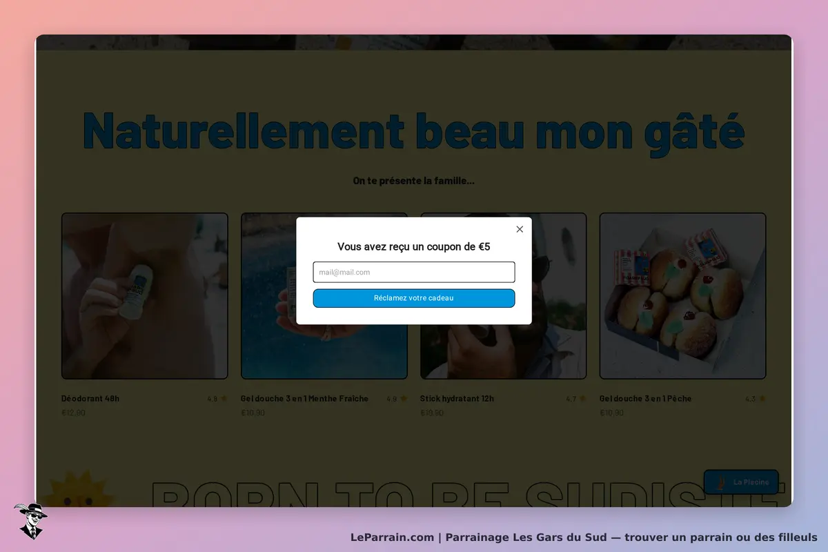 Les Gars du Sud : page d'accueil avec produits et un formulaire de coupon affiché