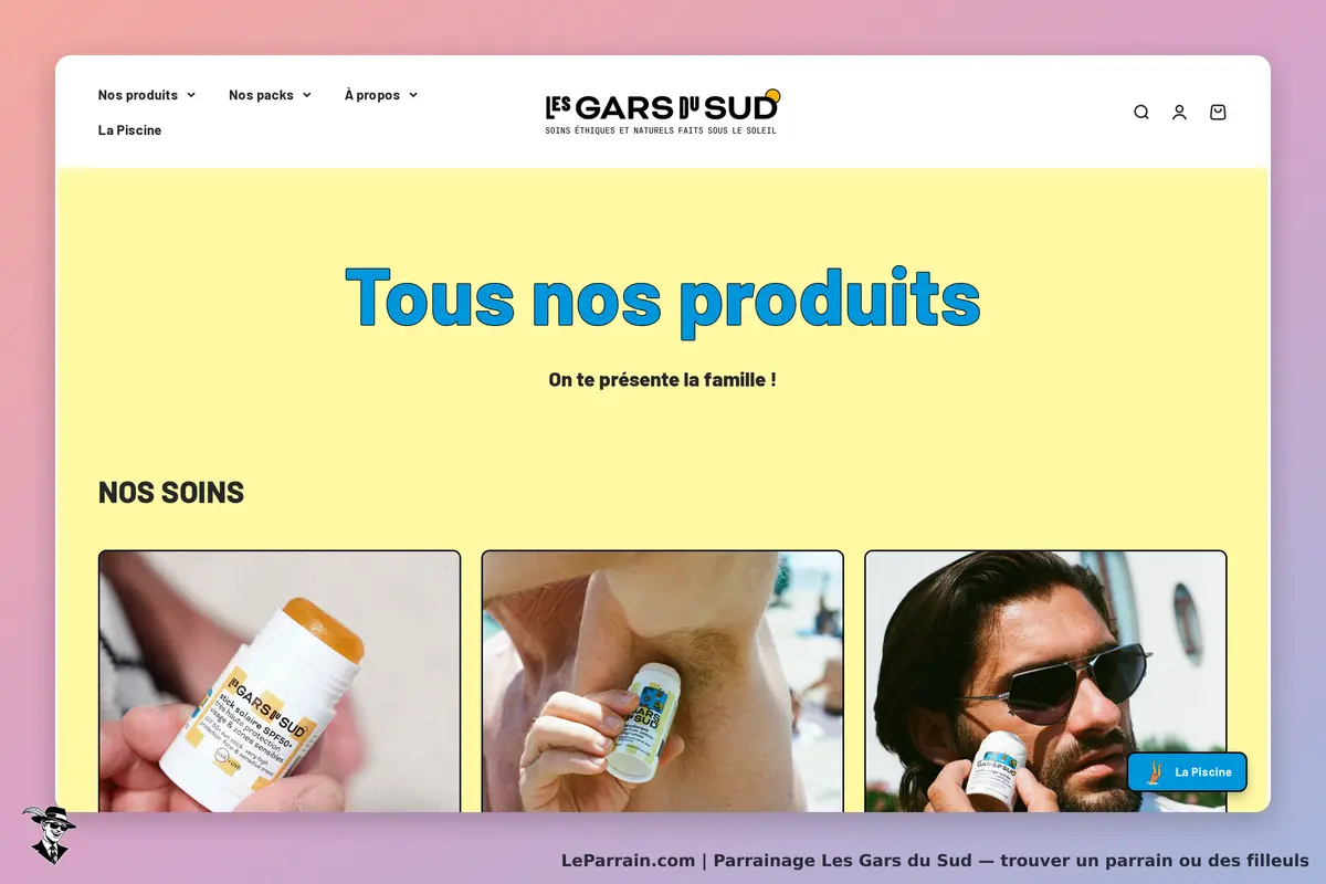 Les Gars du Sud : page d'accueil avec produits de soin et images de personnes les utilisant