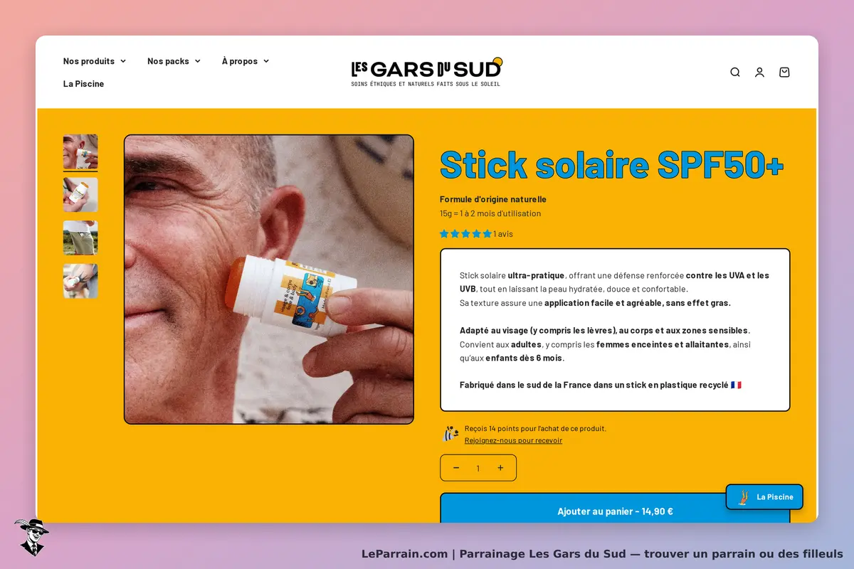 Les Gars du Sud : stick solaire SPF50+ en utilisation sur le visage d'un homme, informations