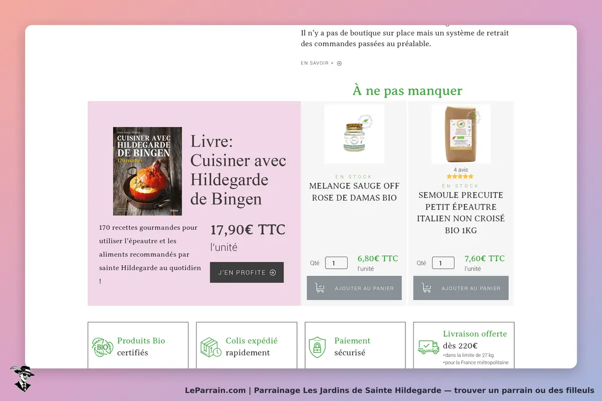 Les Jardins de Sainte Hildegarde : page d'accueil avec produits bio et livre de recettes affichés
