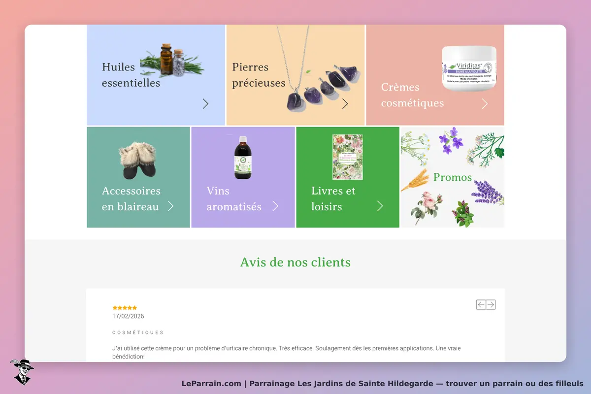 Les Jardins de Sainte Hildegarde : page d'accueil avec catégories de produits et avis clients