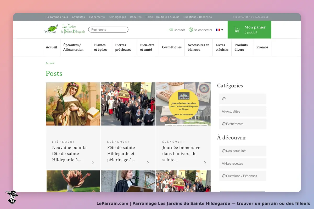 Les Jardins de Sainte Hildegarde : page d'accueil avec des événements et images associées