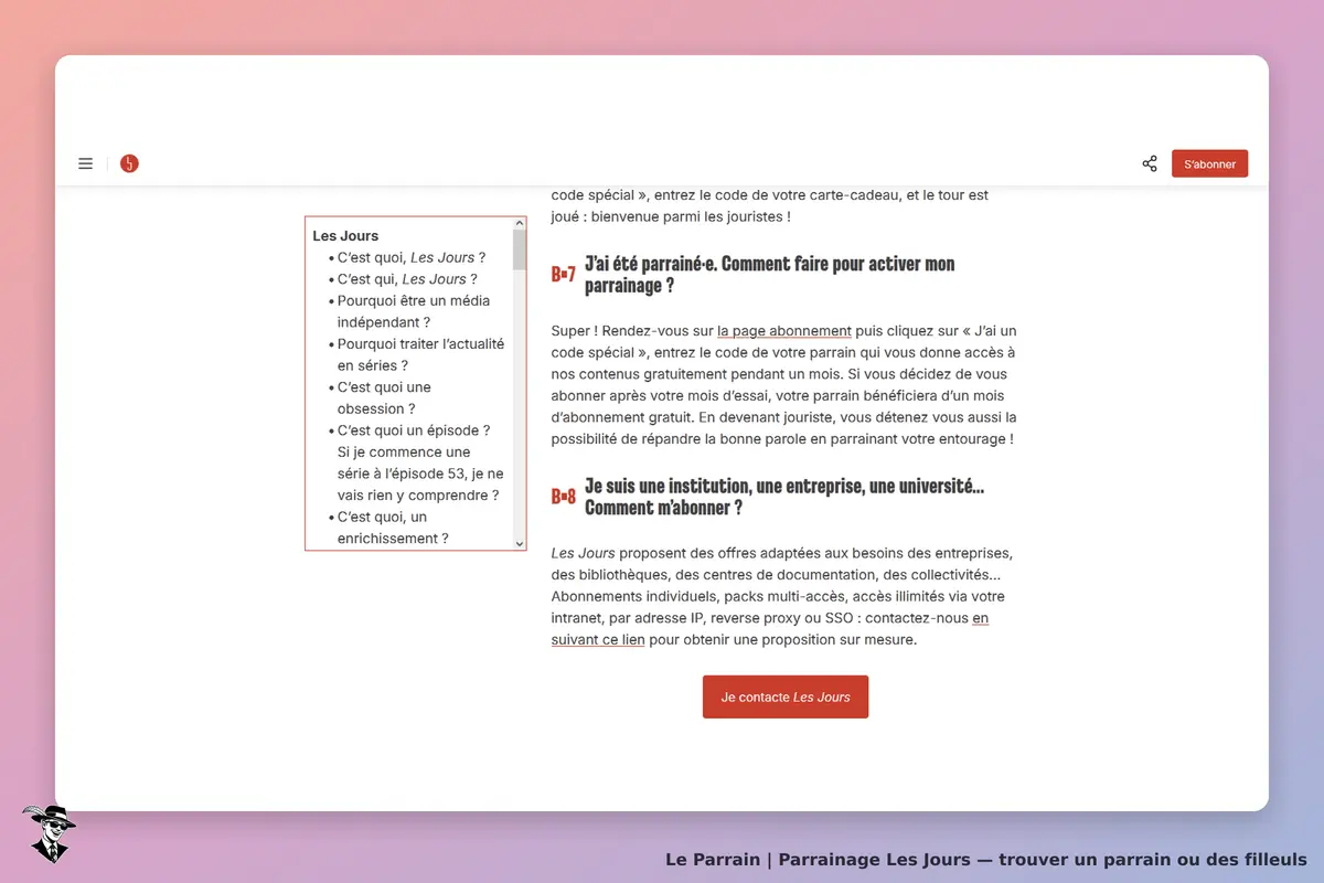 Les Jours : page d'accueil avec questions fréquentes et option de contact pour abonnement
