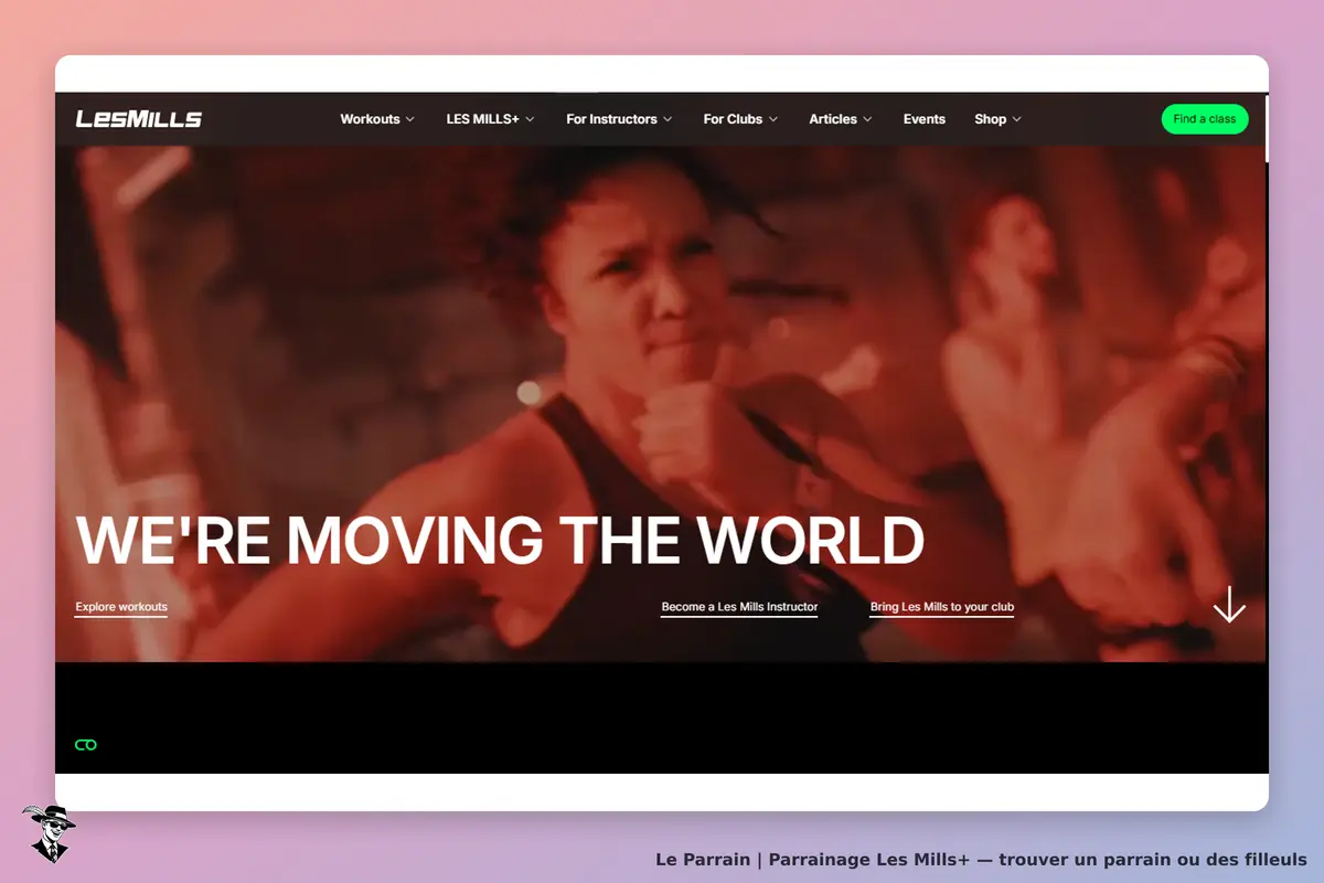 Les Mills+ : les Mills : page d'accueil avec un visuel dynamique de personnes en train de